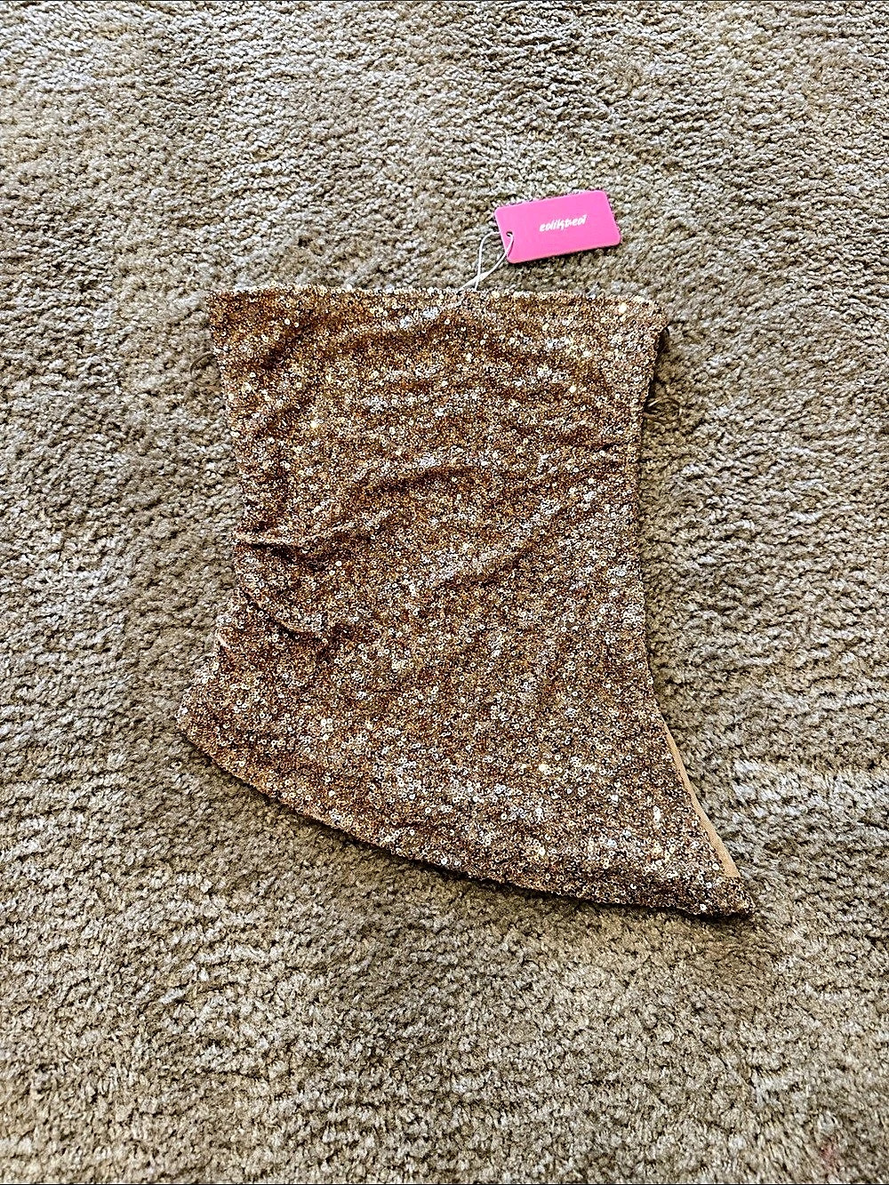 edikted Sequin Asymmetric Slit Strapless Top in Brown & Gold